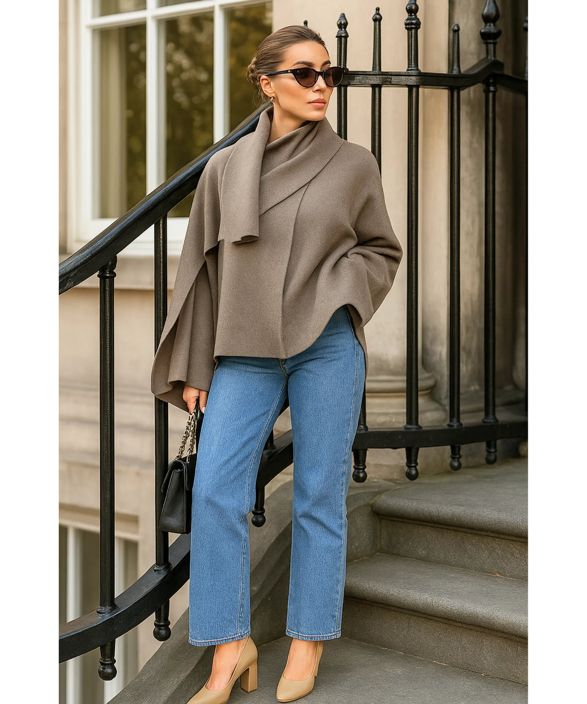 Full-length view of Polia wool wrap coat in taupe