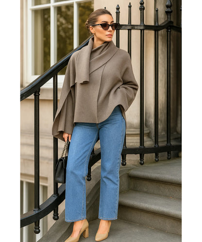 Full-length view of Polia wool wrap coat in taupe