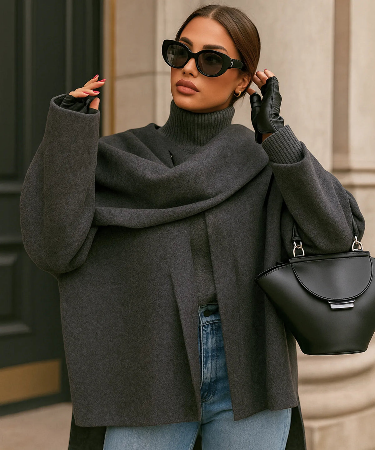 Shawl collar wrap coat in charcoal styled multiple ways