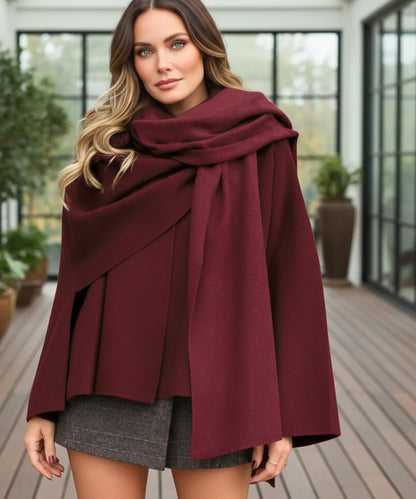 Women's wool wrap coat in charcoal showing oversized sleeves
