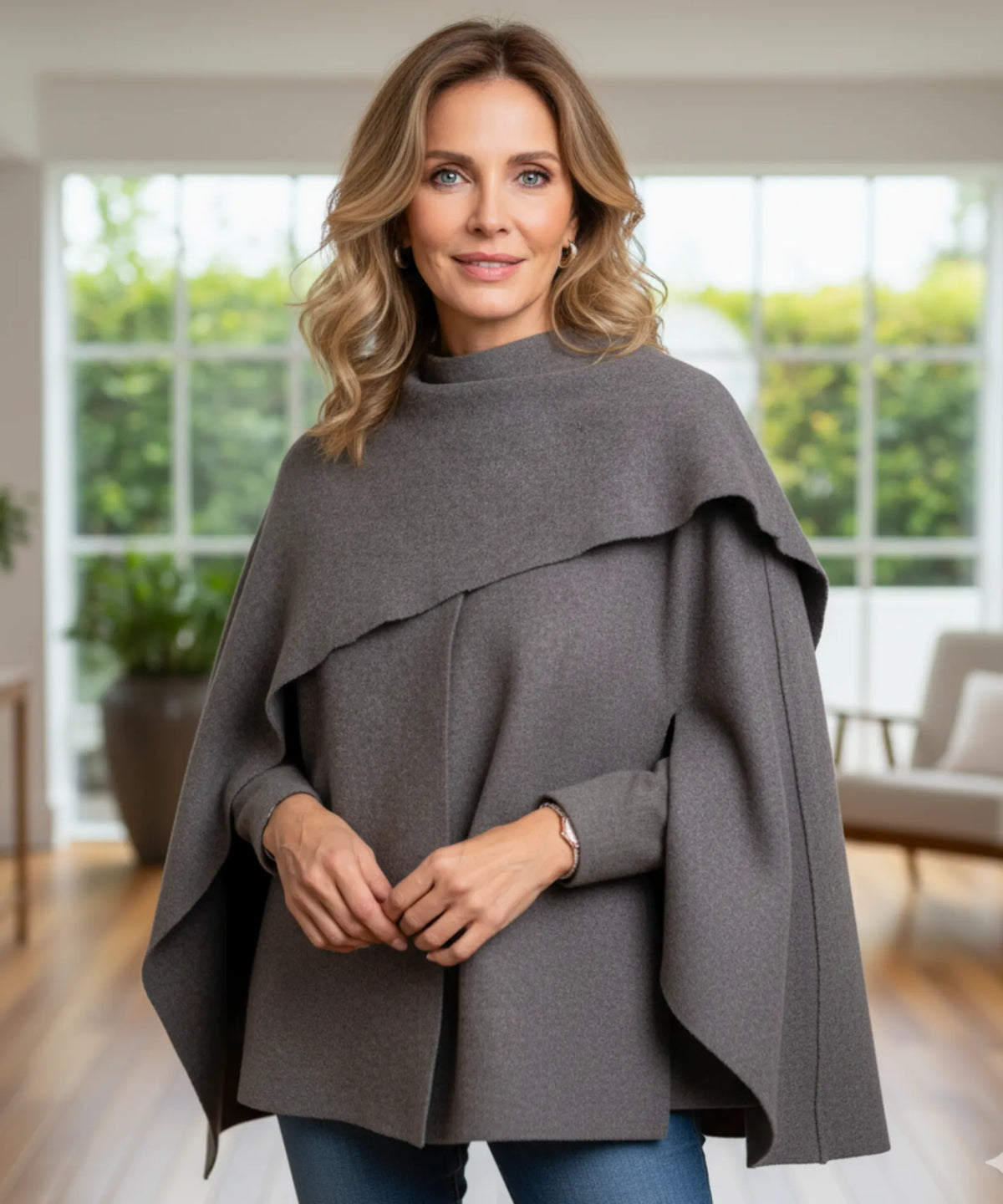 Midi-length wool wrap coat styled with tailored trousers
