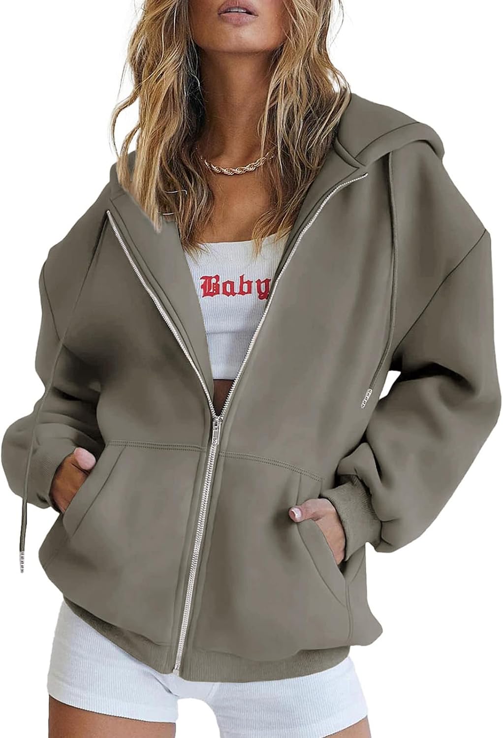 Luelle women's oversized zip-up hoodie in light brown with drop shoulders and front pockets