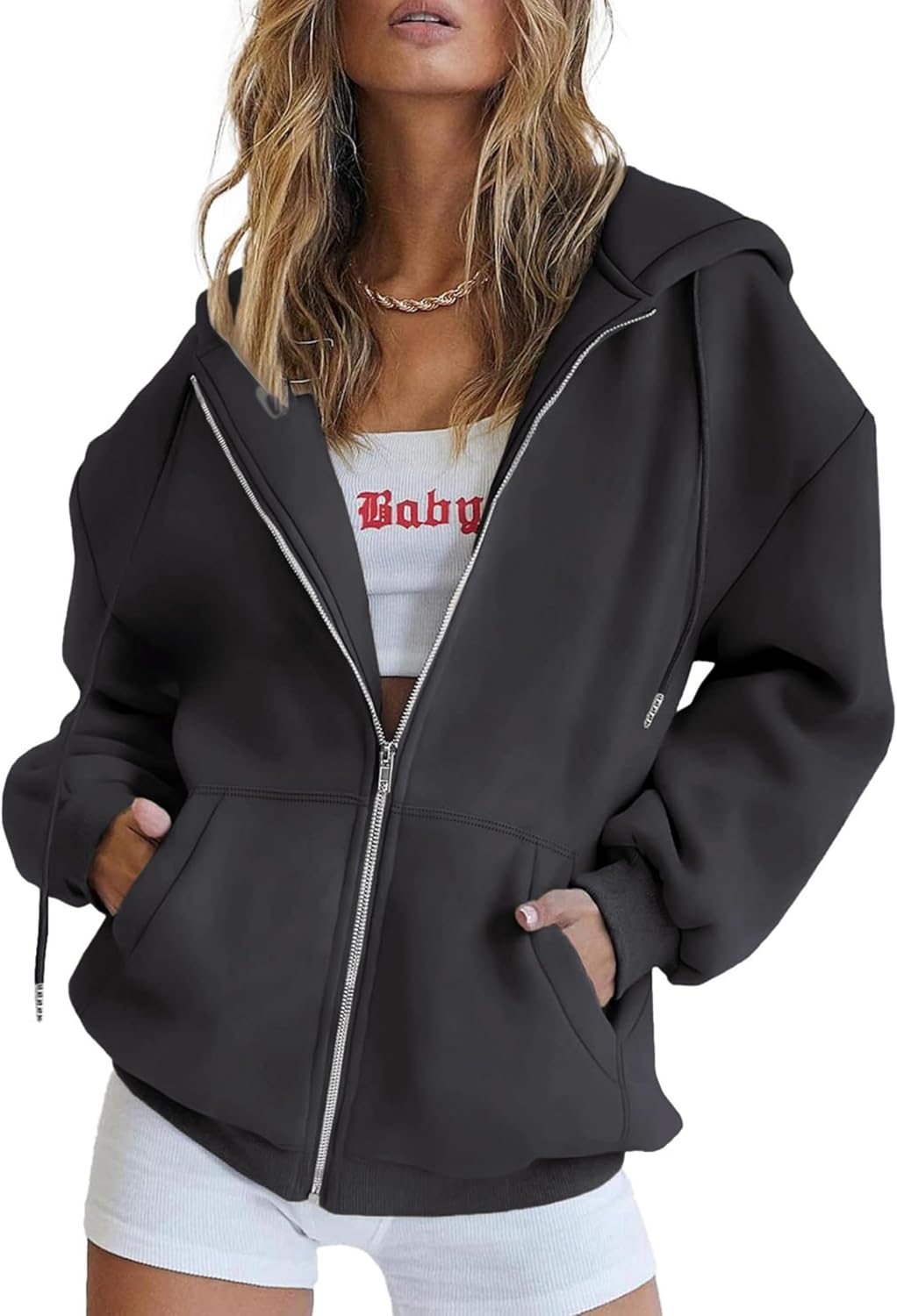 Women's casual zip-up hoodie in rose pink with hood down and zip open