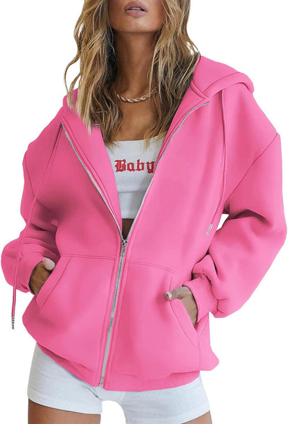 Back view of women's oversized zip-up hoodie in dark navy showing drop-shoulder design