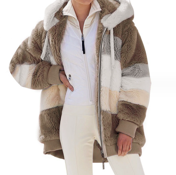 Close-up of soft plush fabric texture on women's jacket