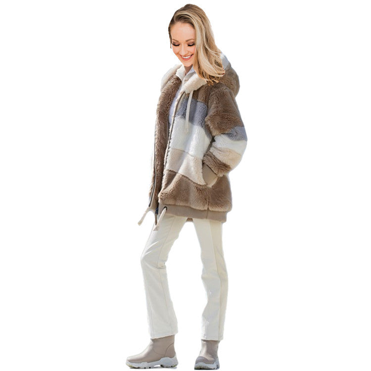 Purple women's plush multicolour jacket medium length