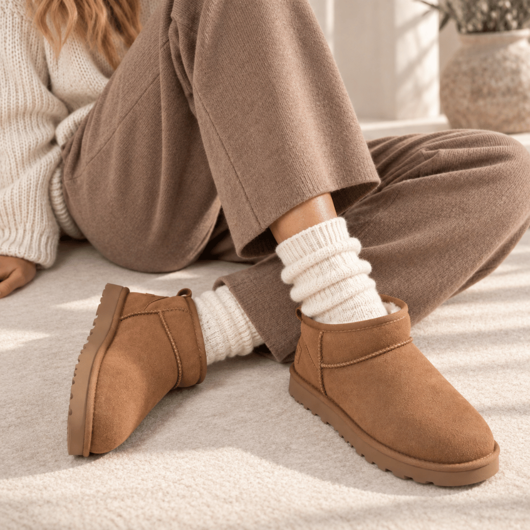 Black sheepskin mini boot styled for everyday winter wear