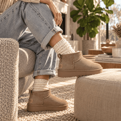 Sand coloured sheepskin mini boots styled with a skirt