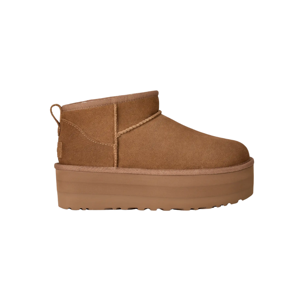 Women's sheepskin platform boots in chestnut with low ankle shaft
