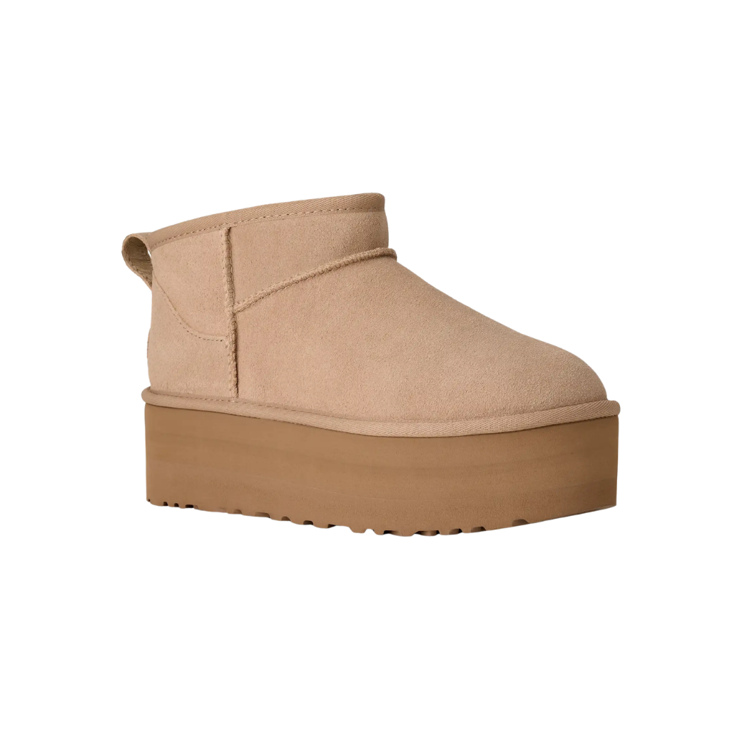 Rear view of women's chestnut sheepskin platform boots