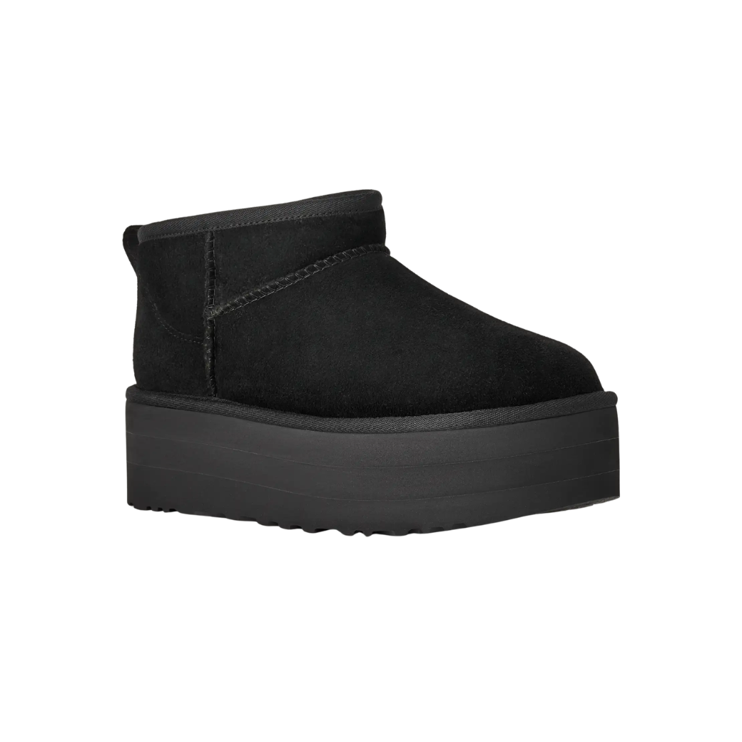 Close-up of platform outsole on women's sheepskin ankle boot