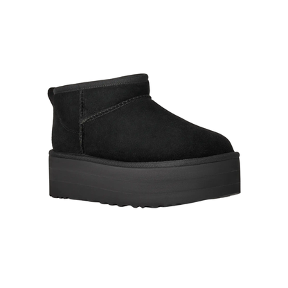 Close-up of platform outsole on women's sheepskin ankle boot