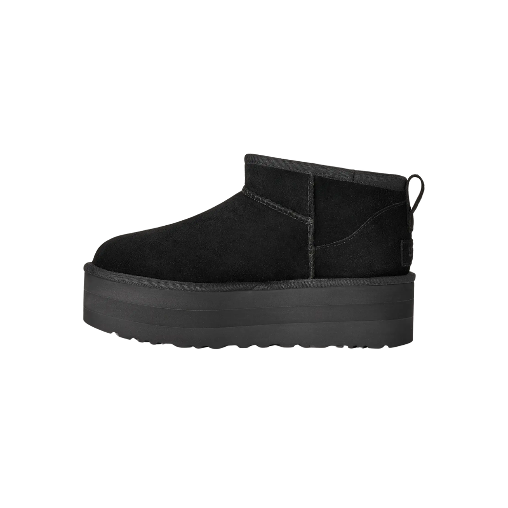 Women's black platform sheepskin boots with compact ankle height