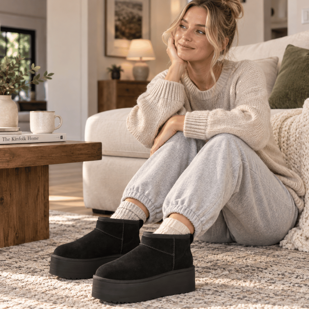 Women's platform boots in black with cosy sheepskin lining visible