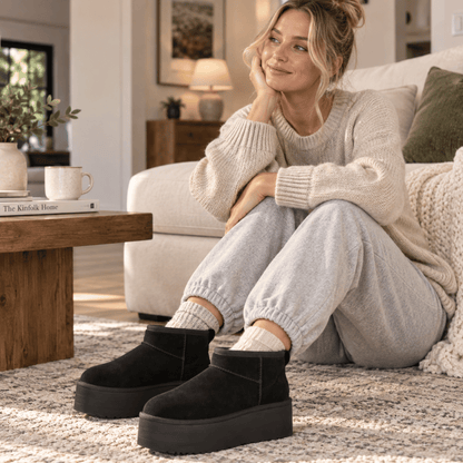 Women's platform boots in black with cosy sheepskin lining visible