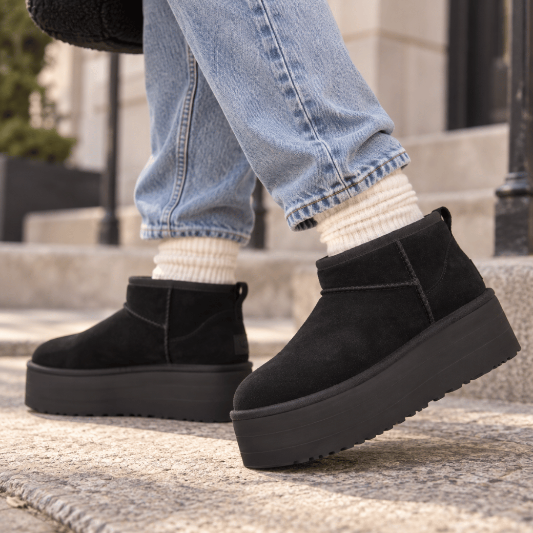 Avery women's platform sheepskin boots in chestnut, full-length outfit shot