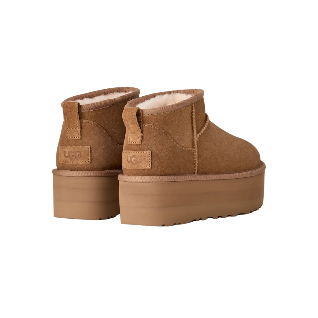 Close-up of double-face sheepskin upper on women's platform boot