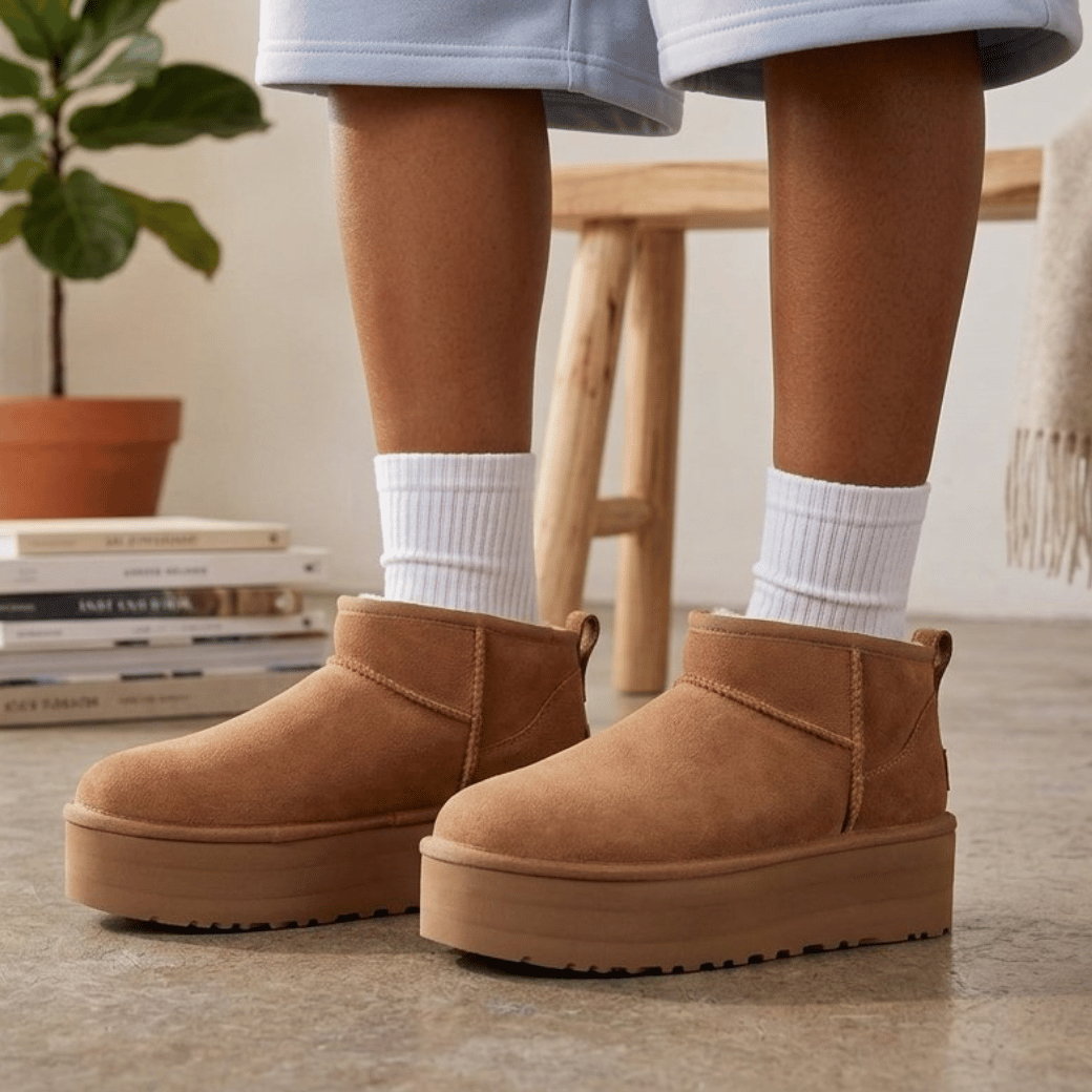 Lightweight sugarcane EVA platform sole on women's sheepskin boot