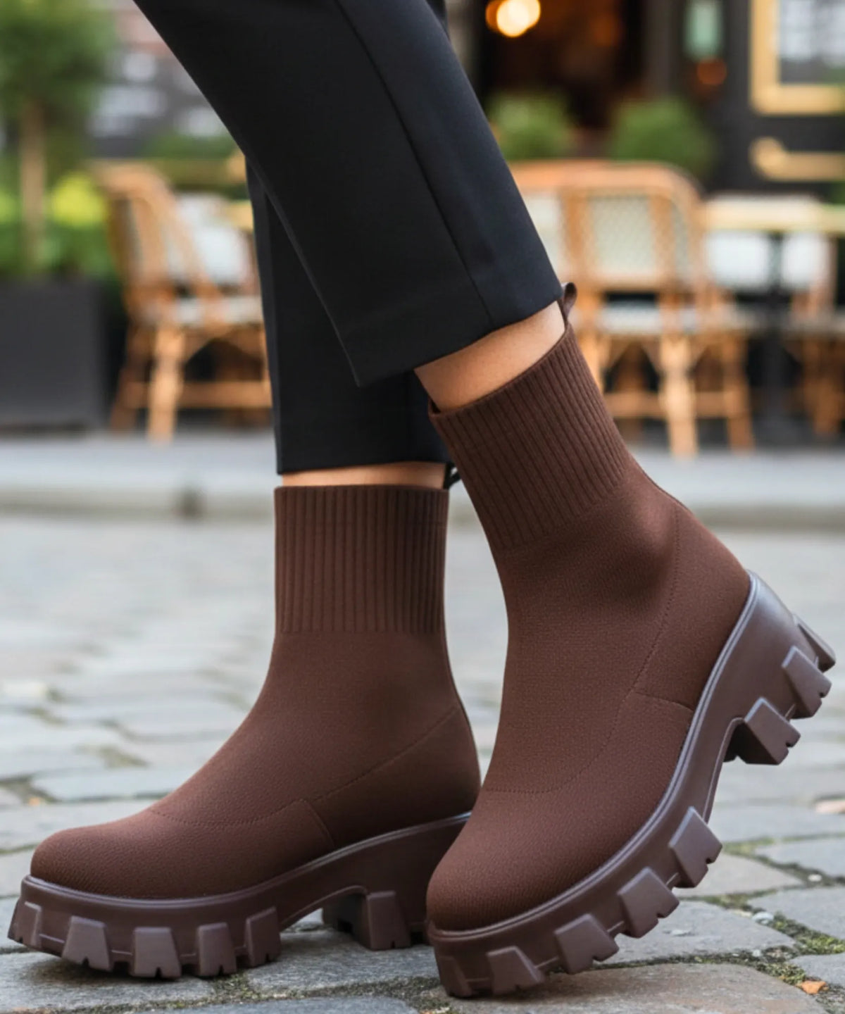 Nora women's stretch knit sock boot with chunky lug sole in chocolate brown