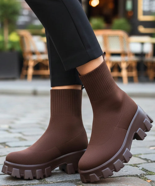 Nora women's stretch knit sock boot with chunky lug sole in chocolate brown