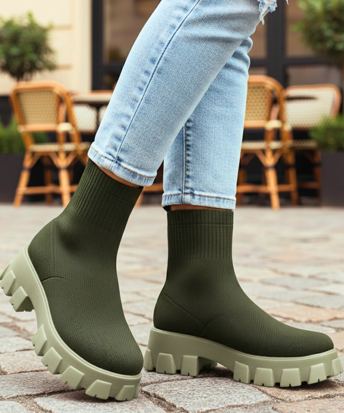 Detail shot of deep-lug rubber outsole on women's knit sock boot