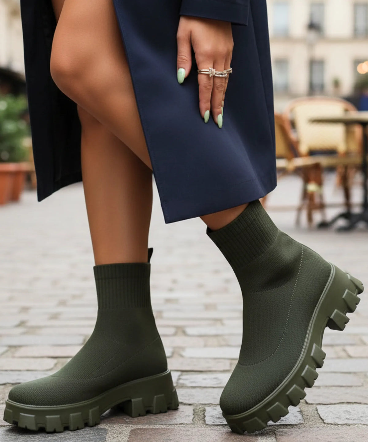 Side view of women's slip-on knit sock boot with deep-groove rubber outsole
