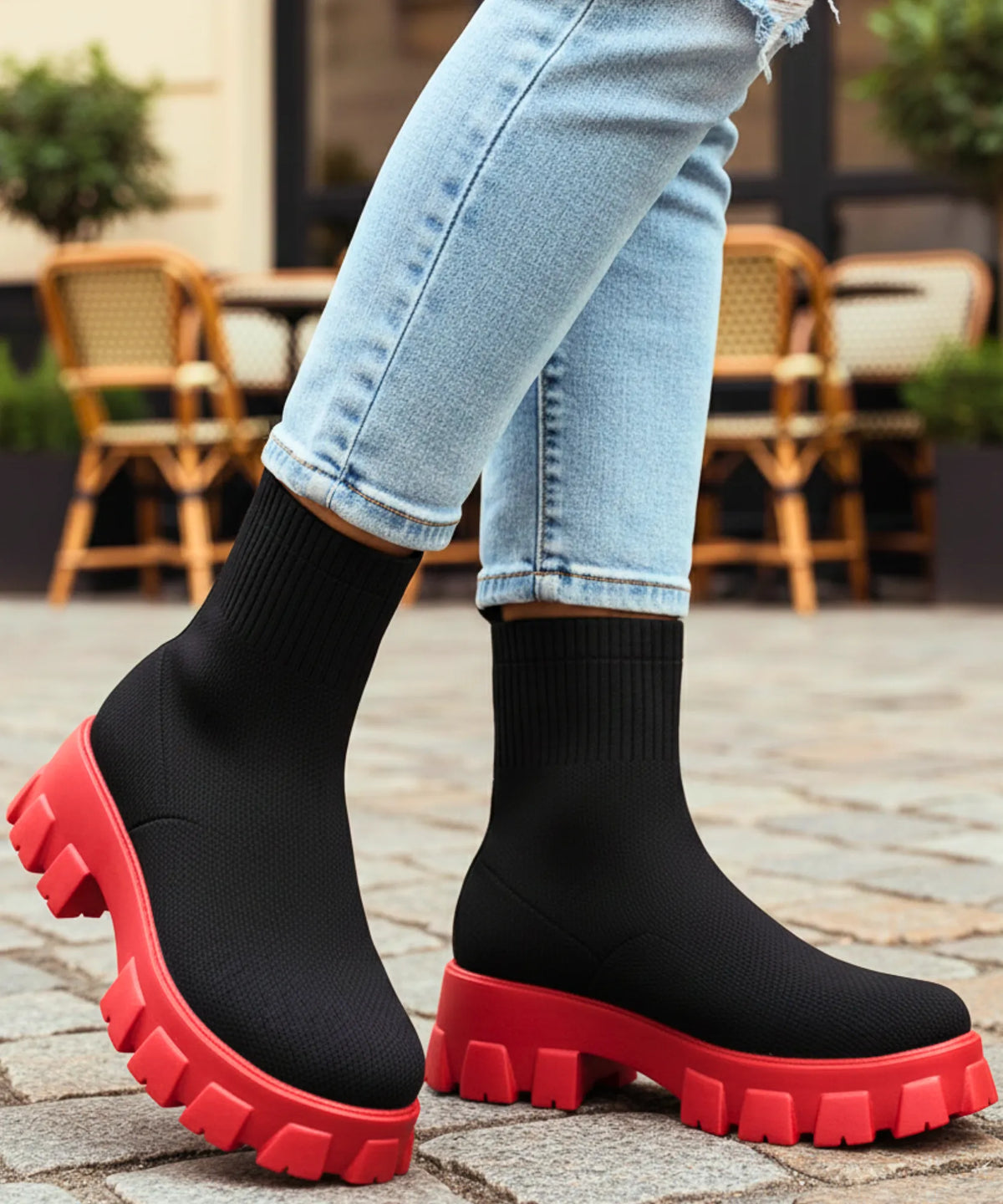 Close-up of high-density stretch knit upper on women's sock boot