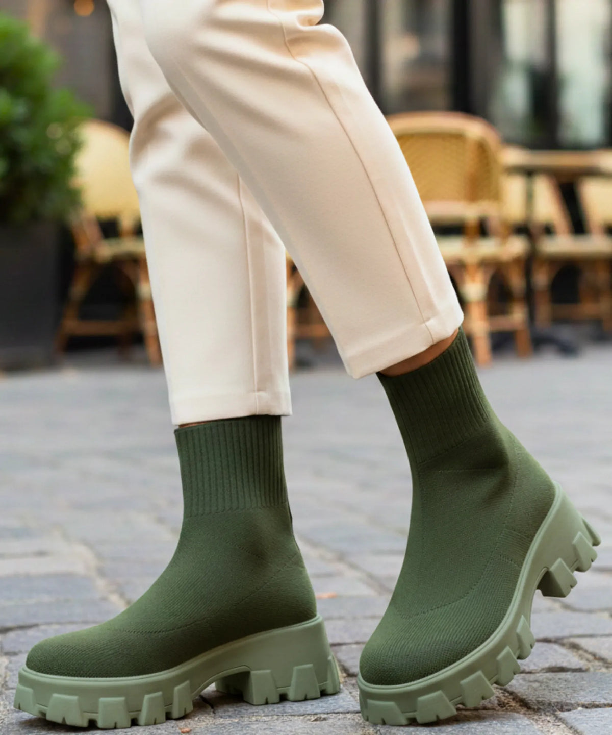 Nora women's army green knit sock boot with chunky rubber lug sole