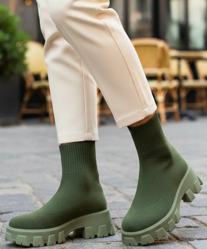 Nora women's army green knit sock boot with chunky rubber lug sole