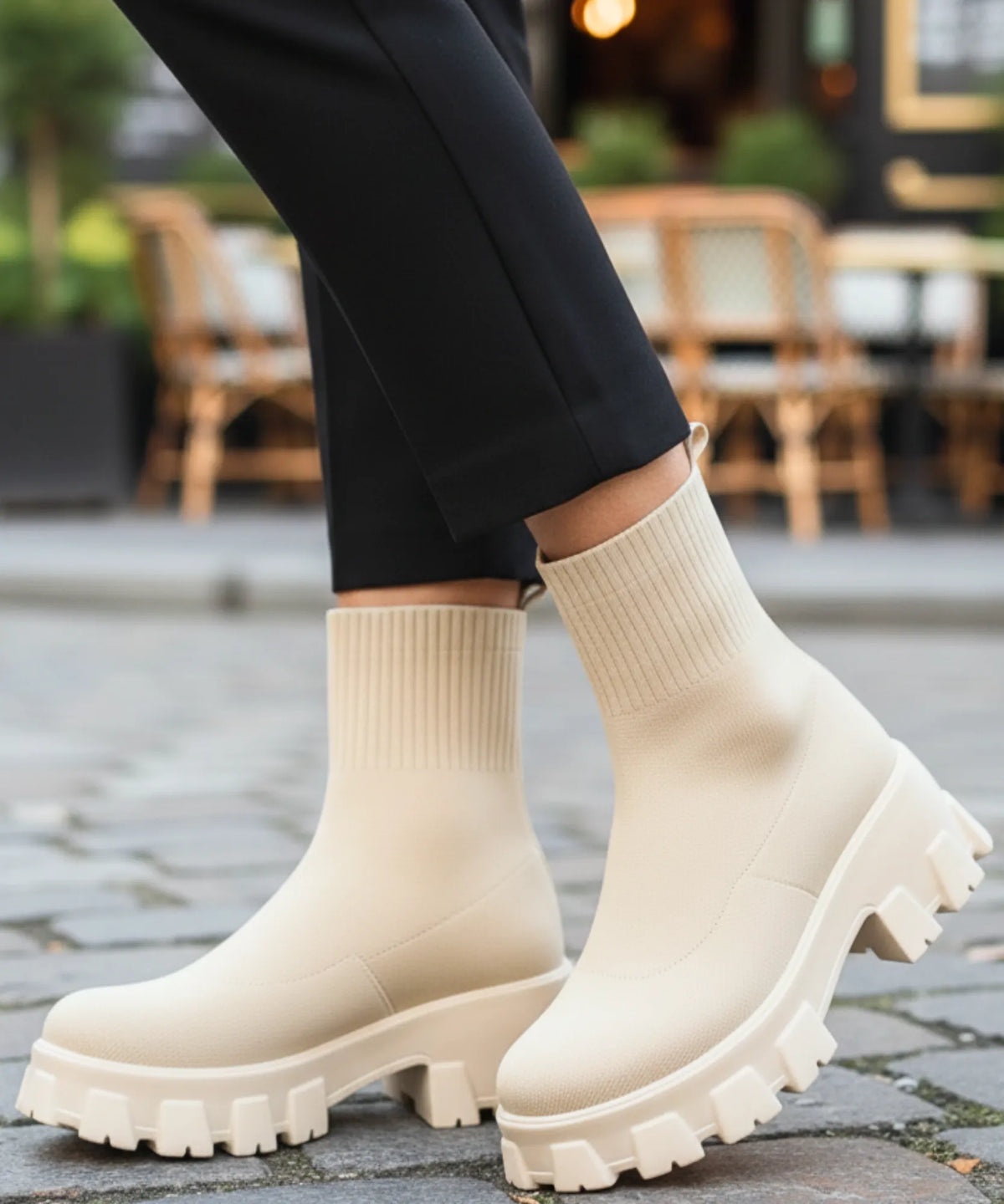 Women's stretch knit sock boot in white with tonal platform sole