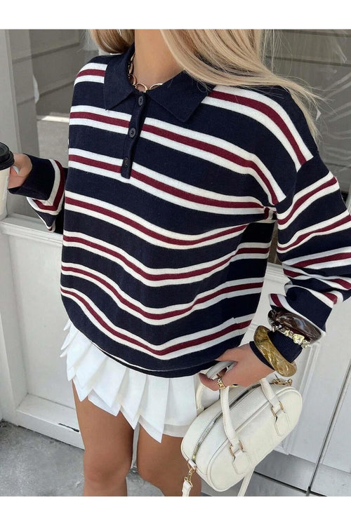 Women's striped polo neck knit sweater in navy blue with button detail