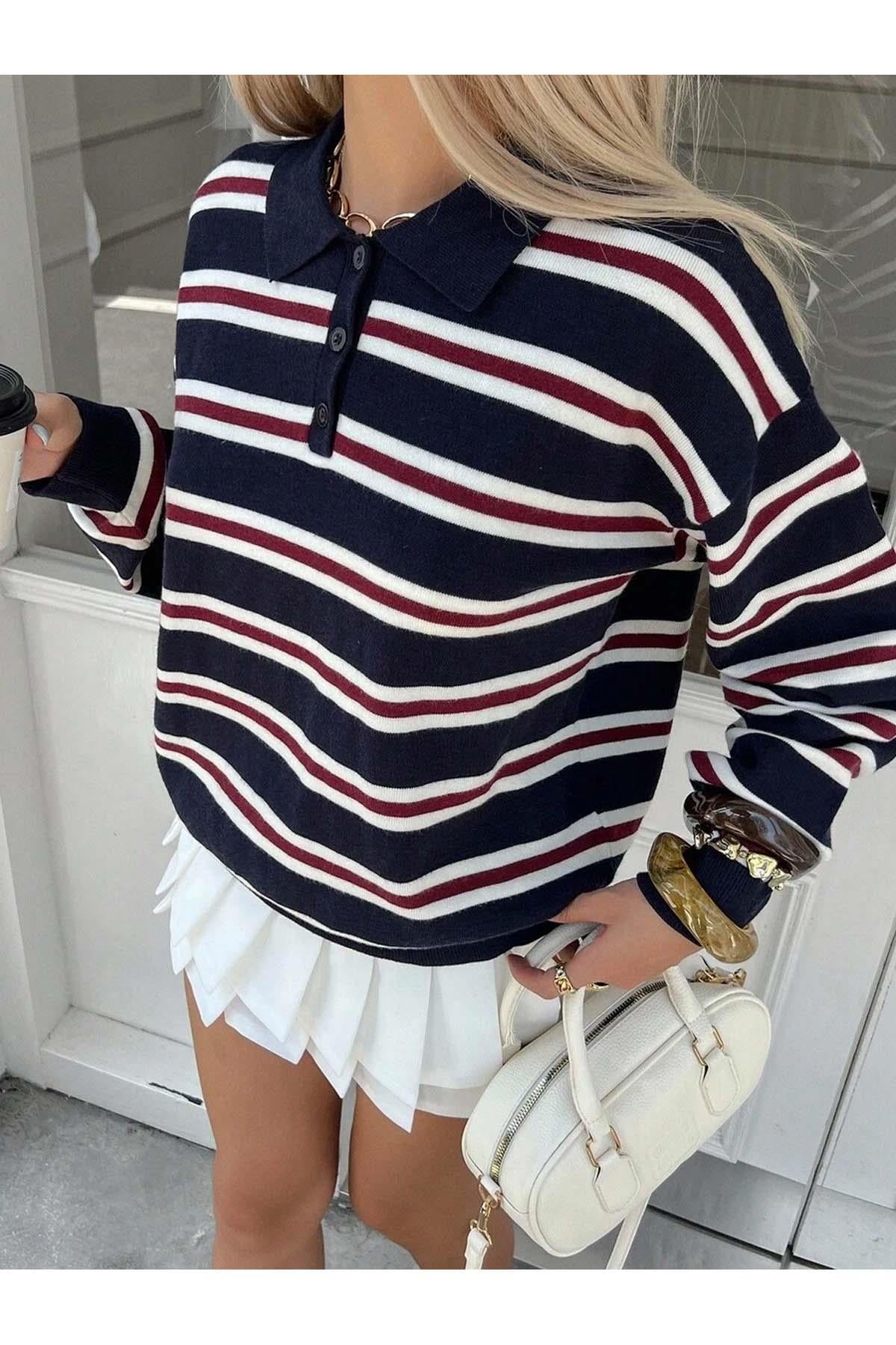 Women's striped polo neck knit sweater in navy blue with button detail