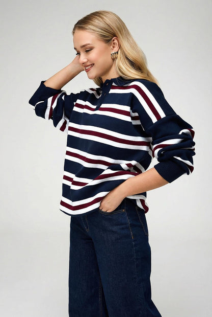 Close-up of polo collar and button detail on women's knit sweater
