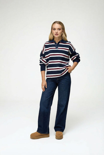 Women's striped knitwear sweater with classic navy blue pattern