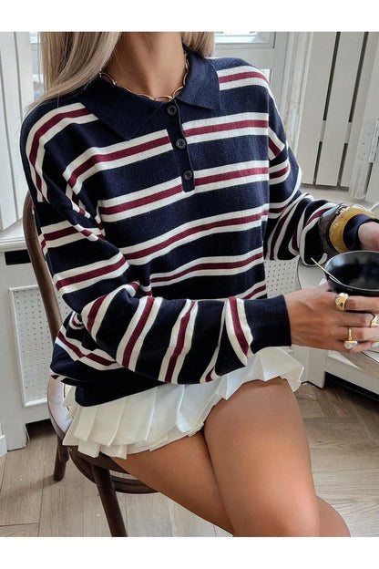 Side view of women's polo neck striped knit sweater in navy blue