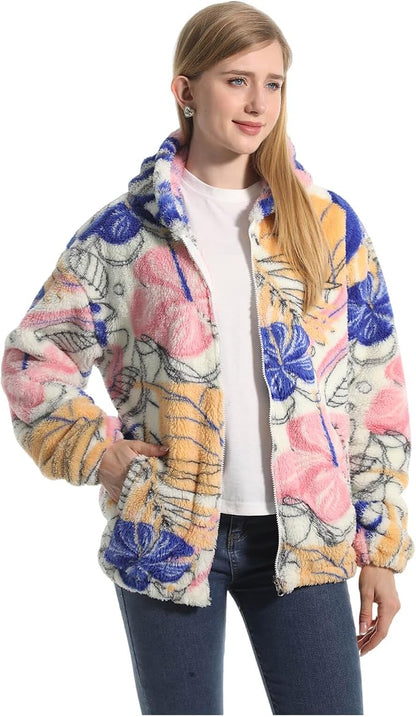 Florette women's teddy fleece jacket in floral print with hood and full-zip front