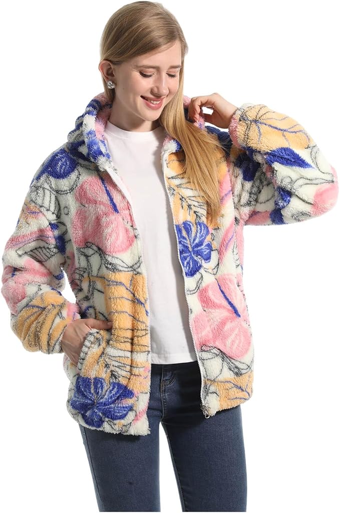 Women's floral teddy fleece jacket shown from the back, relaxed fit