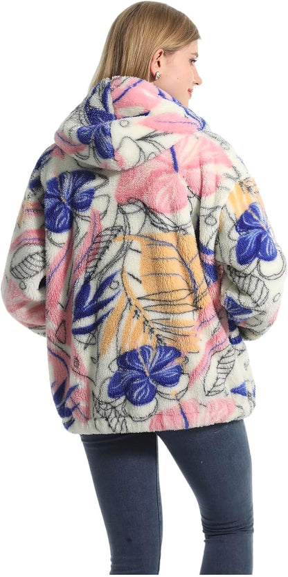 Close-up of soft teddy fleece texture and colourful floral print on women's jacket