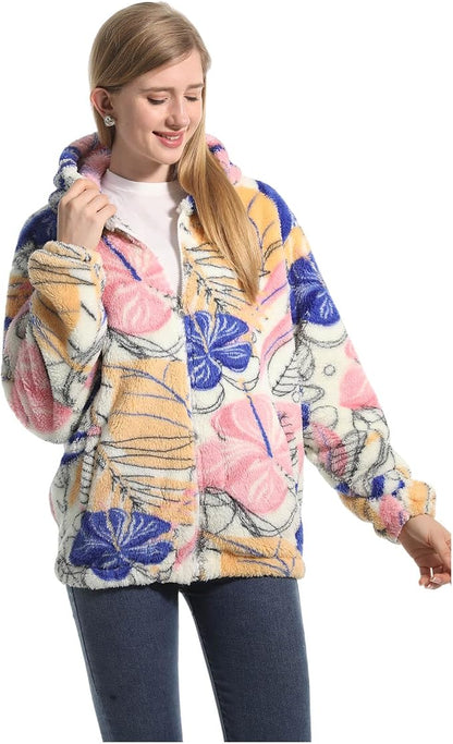 Women's hooded fleece jacket with zip fastening and front pockets detail