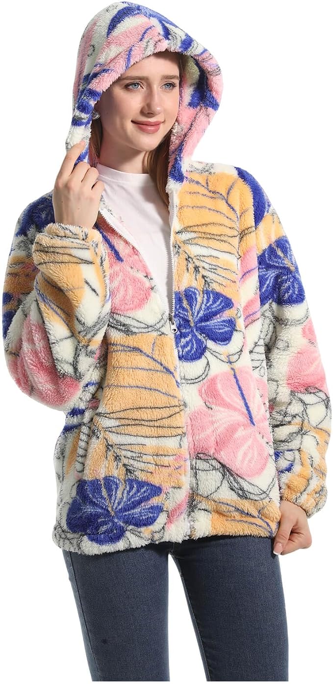 Women's cosy floral print teddy fleece zip-up jacket for autumn and winter