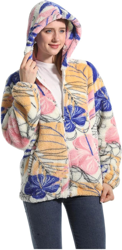 Women's cosy floral print teddy fleece zip-up jacket for autumn and winter
