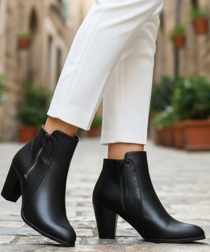 Selena women's vegan leather ankle boots with block heel and side zipper in black