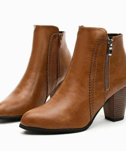 Women's cognac leather ankle boots with breathable lining and side zipper