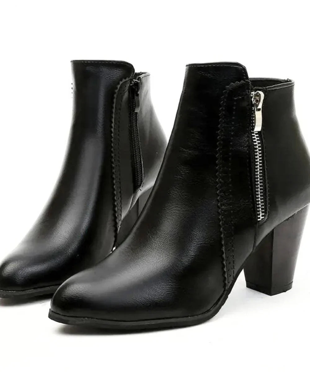 Selena block heel boots in black on a clean background — both colourways shown