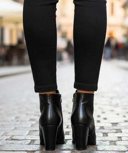 Side view of women's leather ankle boots showing polished zipper pull detail
