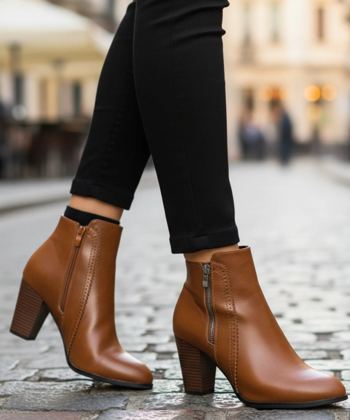 Selena women's ankle boots in cognac shown from the back highlighting heel