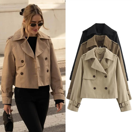 Women's vintage crop jacket in khaki with double-breasted closure and turn-down collar