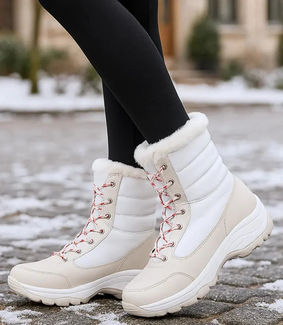 Freya women's waterproof snow boots in black with fur trim collar and lace-up front