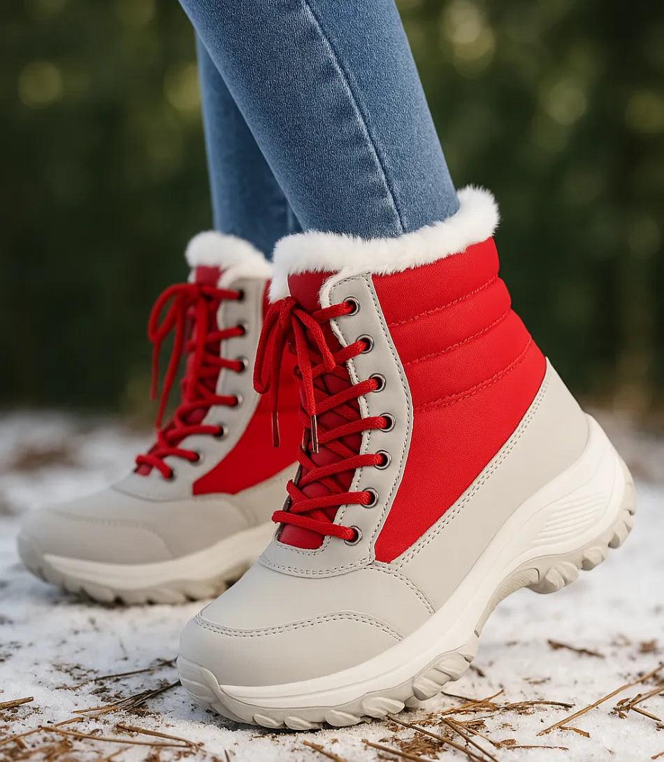 Red waterproof women's boots with fur trim collar and thermal lining detail