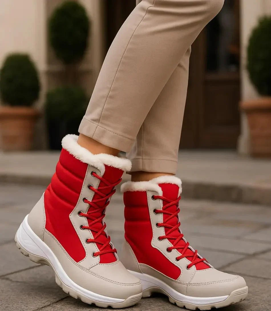 Black and white women's snow boots with reinforced stitching and sporty silhouette